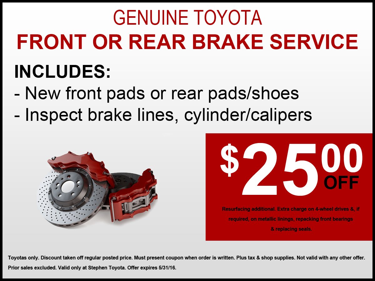 StephenScion's tweet image. Save this May at Stephen Toyota with a coupon for $25 off front or rear brake service! ow.ly/zhoa300iGOa