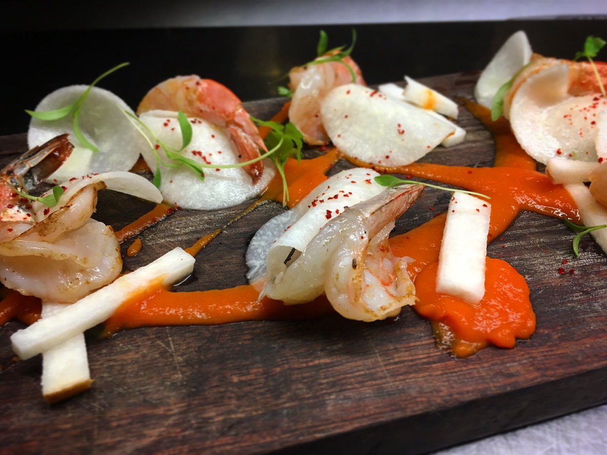 New menu addition! Seared shrimp with carrot puree, marinated jicama, and cilantro. #freshtodeath