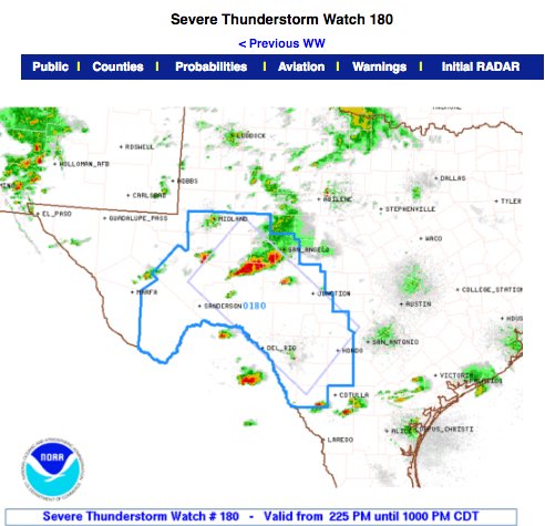 WeatherPatrol's tweet photo. Severe thunderstorm watch for portions of southwestern Texas. Effective today through 10PM https://t.co/JjbkhsQag8 https://t.co/T8AC9d01oW