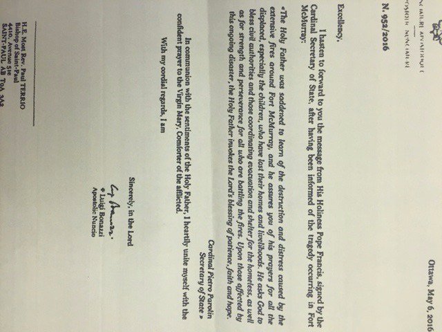 RMWoodBuffalo's tweet photo. Thankful for the kind words from Queen Elizabeth II and Pope Francis. #ymm #ymmfire #ymmstrong https://t.co/4Ds8agUsKd