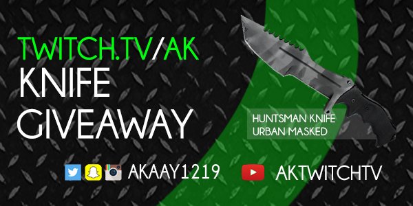 Akaay1219's tweet image. Huntsman Knife Urban Masked Giveaway!! Click on gleam link to enter! Twitch.tv/AK
goo.gl/sc4tEc