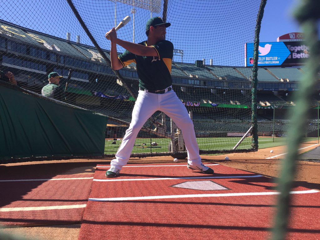 Athletics's tweet photo. First the haircut, then taking to the cage... Its been a week of double takes with @BABYSMGIRAFFE. https://t.co/k5zE0sR8Oi