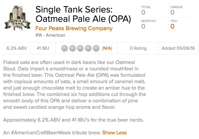 fourpeaksbrew's tweet photo. #NowOnTap: #SingleTankSeries Oatmeal Pale Ale! Just in time for #AmericanCraftBeerWeek! 🍻 https://t.co/RL1BM3eUuK
