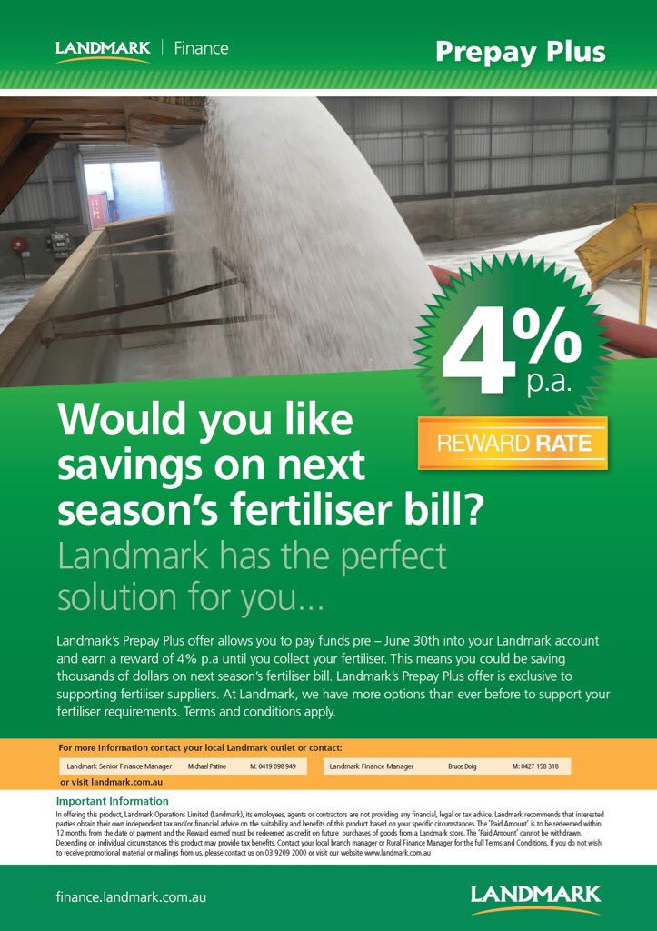 June 30 2016 Pre-Tax offer that applies to Fertiliser and Merchandise. Contact the branch for more details 98811411