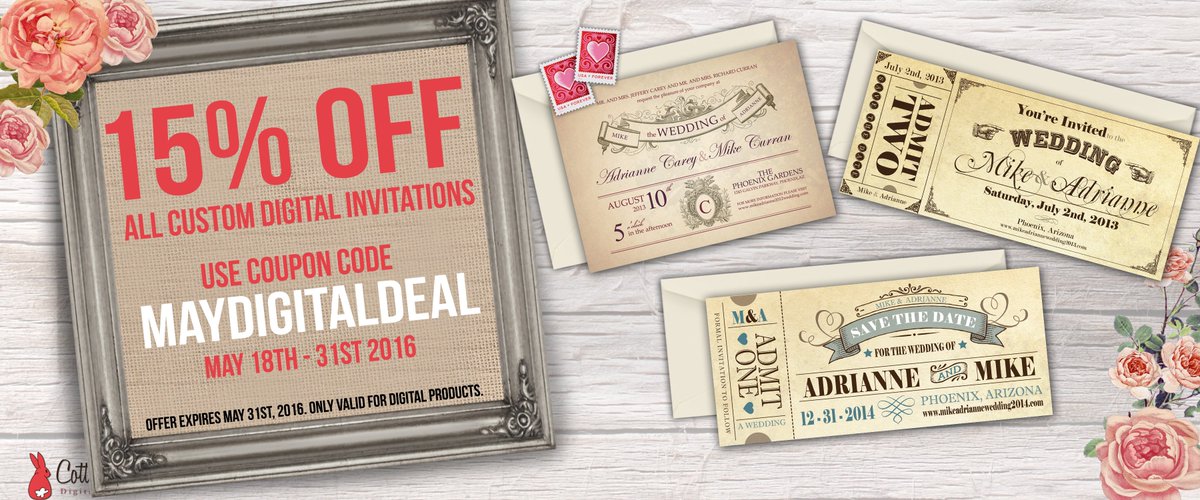 CDPInvitations's tweet image. 15% OFF ALL CUSTOM DIGITAL INVITATIONS! Use coupon code MAYDIGITALDEAL at checkout to receive your discount.