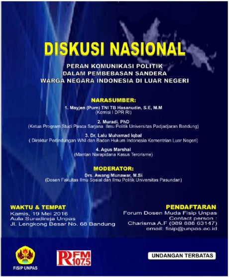 Diskusi Nasional Peran Komunikasi Politik Dalam Pembebasan Sandera WNI, Kamis (19/05). hub.Charisma (089 888 63147)