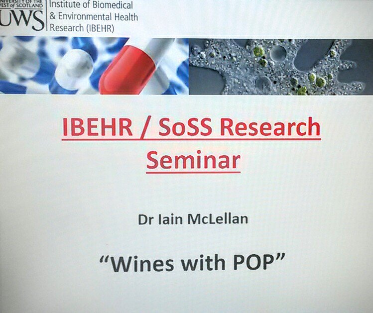 DrIMcLellanUWS's tweet photo. I'm giving this afternoon's #IBEHR seminar. It's called "Wines with POP!" Alas, it's not about champagne @CER_UWS https://t.co/Y74U5L9g2T
