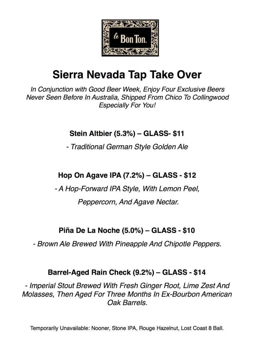 lebontonmelb's tweet photo. Sierra Nevada Tap Take Over! In Conjunction with Good Beer Week, Enjoy Four Exclusive Beers Never Seen Before In Aus https://t.co/0A3rYml39i