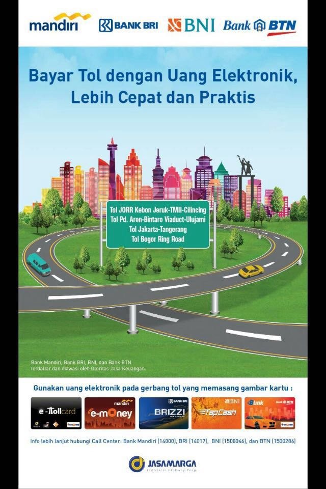 PTJASAMARGA's tweet photo. E-toll Mandiri, BRI, BNI, BTN dapat digunakan di ruas jalan Tol JORR, Jakarta - Tangerang, BORR, Mulai Tgl 21/03/16 https://t.co/PV58R6tOPa
