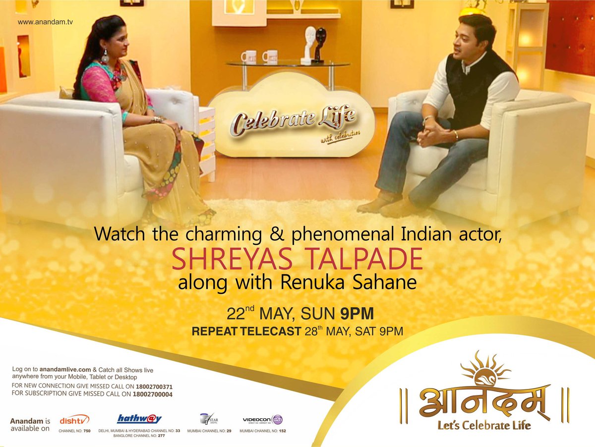 AnandamTV's tweet photo. Watch Shreyas Talpade on 'Celebrate life with Celebrities' show ~22nd May Sunday at 9pm only on Anandam! https://t.co/9kMWYee60I