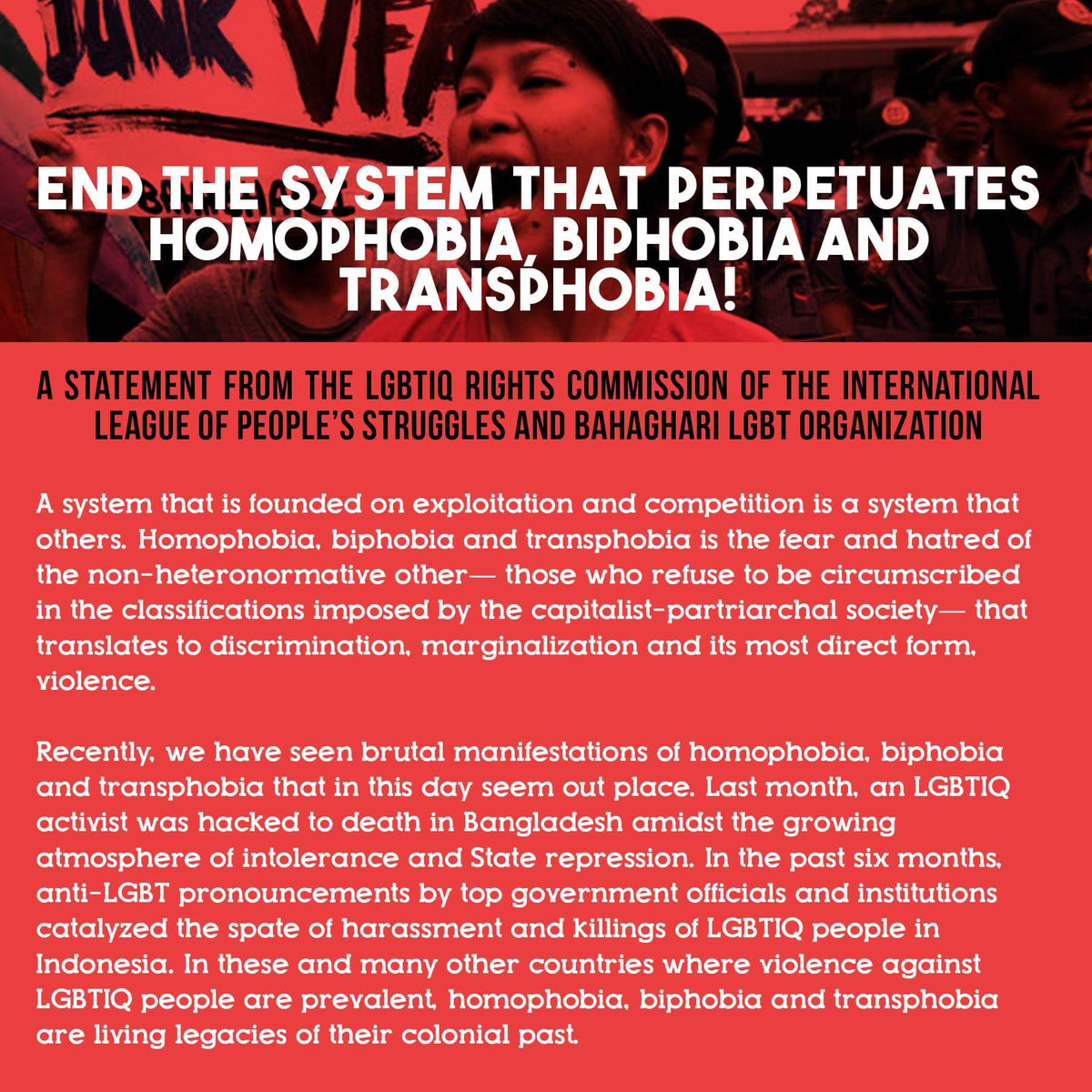ILPSComm17's tweet image. ILPS Comm 17 and Bahagahari LGBT Org's statement for #IDAHOT2016 (part one) 

#idahot #ilps #pinkwashing #lgbt