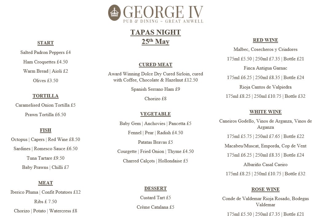 Enjoy a #Spanish infused evening <a href="/GeorgeIVAmwell/">George IV</a>. On 25th May from 6.30pm. Book a table TODAY! #tapas #spanish #pub