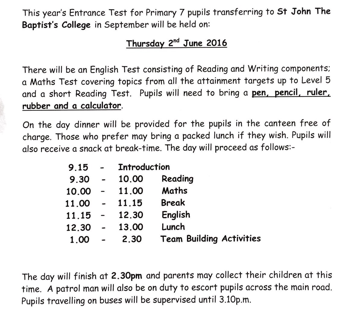 Important info regarding P7 entrance test