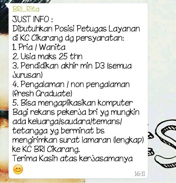 BekasiUrbanCity's tweet photo. #InfoLoker sbg petugas pelayanan di Kantor Cabang BRI Cikarang. https://t.co/6wpfKJFKOe