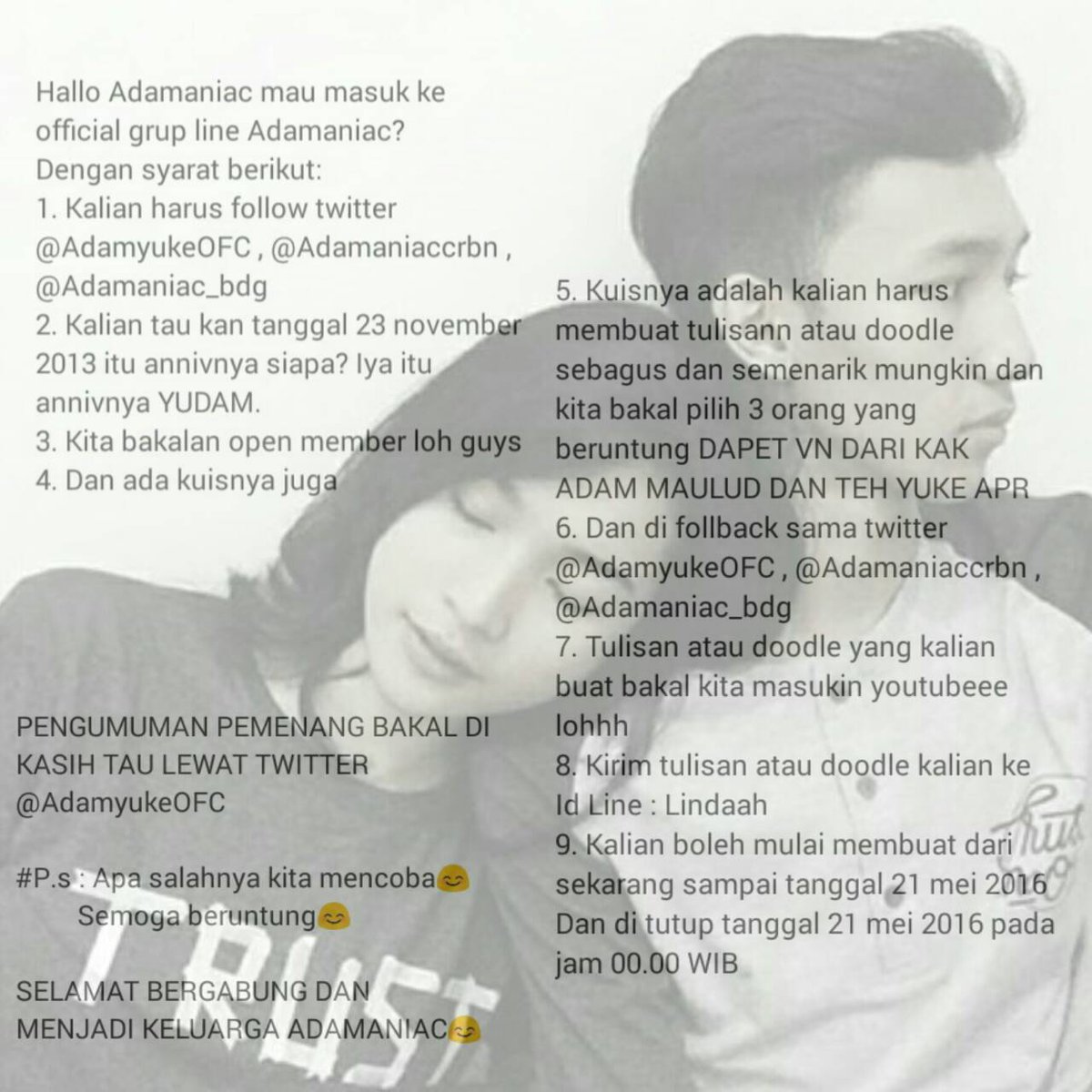 Tulisan doodlenya "HAPPY ANNIVERSARY KAK ADAM DAN TEH YUKE" dan terserah kalian mau di tambah wish kalian/enggak😊