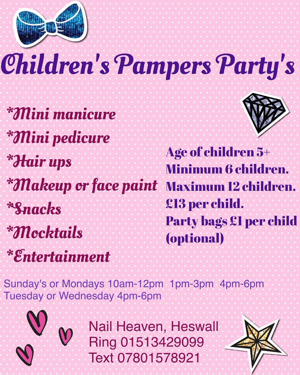 NailHeaven's tweet photo. CHILDREN'S PAMPER PARTYS !! £13 per child 4 treatments,snacks mocktails, disco, party games, craft table! 👧🏼👭🎊 https://t.co/l3ixQJ1q3k