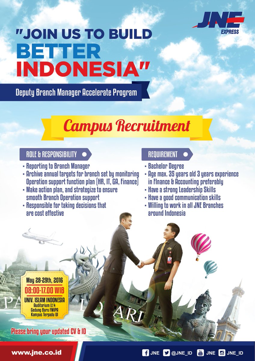 JNE_ID's tweet photo. Hadiri Recruitment Deputy Branch Manager Program di Univ.Islam Indonesia, Auditorium Lt. 4, pada 28-29 Mei 2016. https://t.co/i1rPUfBN5w