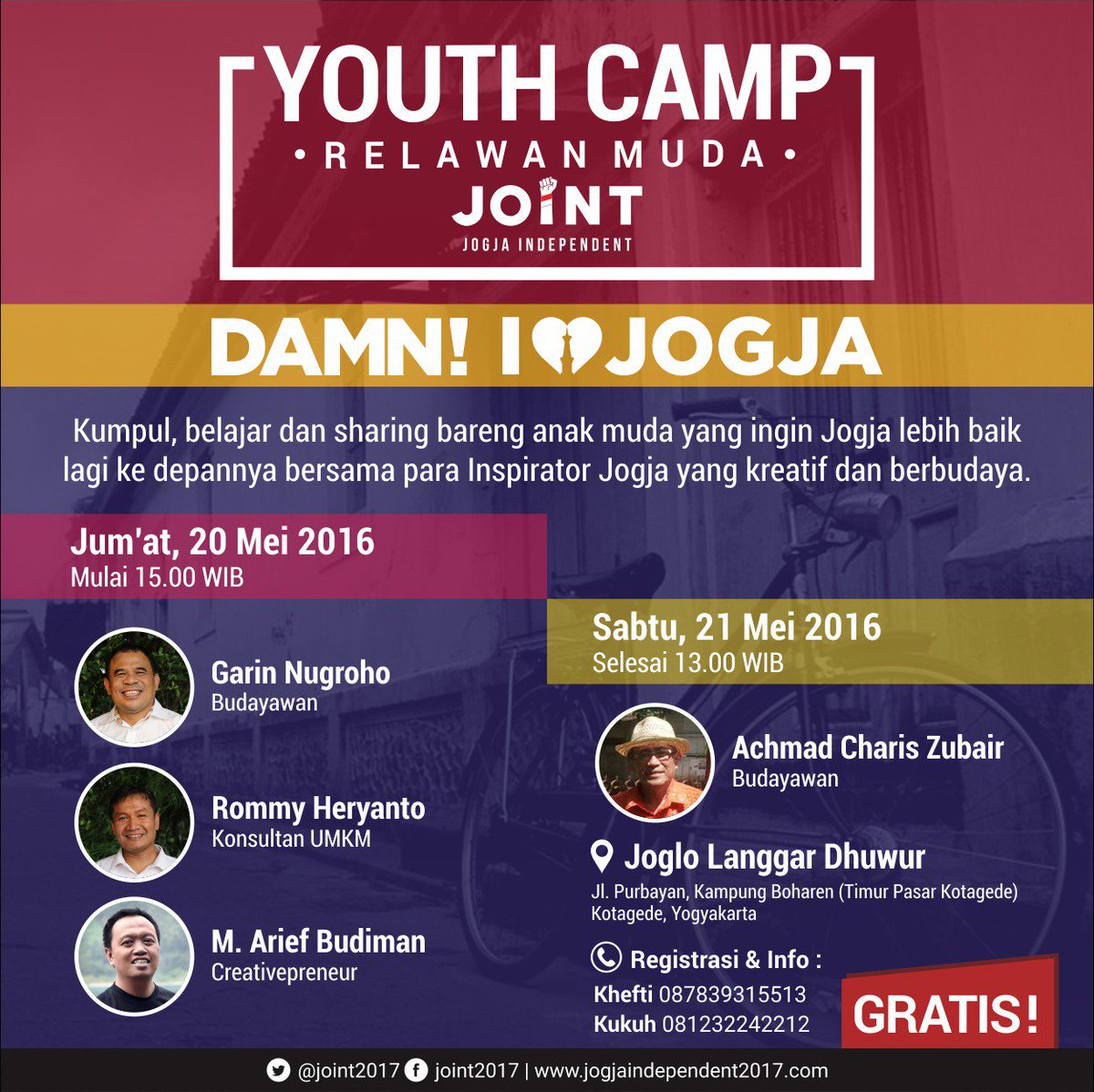 Siapa yang mau bergabung dengan Youth Camp JOINT Jumat dan Sabtu ini? Belajar bareng untuk menyiapkan Jogja.