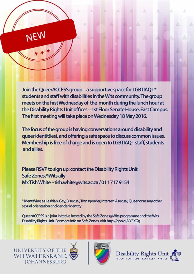 sogiescwits's tweet photo. #QueerACCESS NEW support space for LGBTIAQ+ disabled ppl. First meeting 13:00-14:00 today Disability Rights Unit https://t.co/9YvTjKc4aj