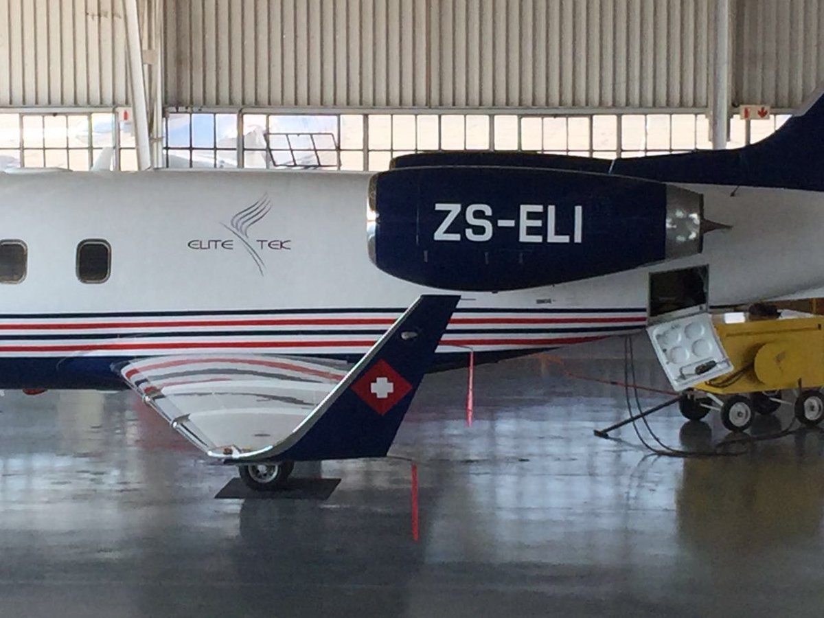 MedairCharter's tweet photo. ZS-ELI in the hangar all ready to go. Notice the #EliteTek logo? https://t.co/N9PQPZAVyx