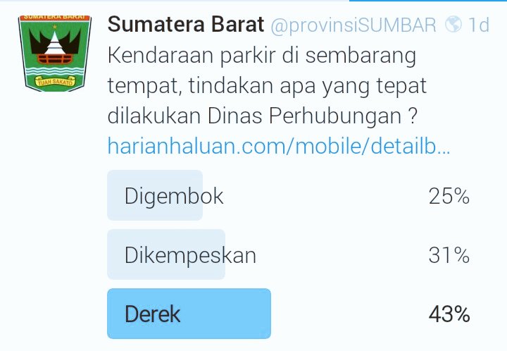 Kendaraan parkir di sembarang tempat, 43% netizen menilai derek mjd tindakan yang tepat dilakukan Dinas Perhubungan.