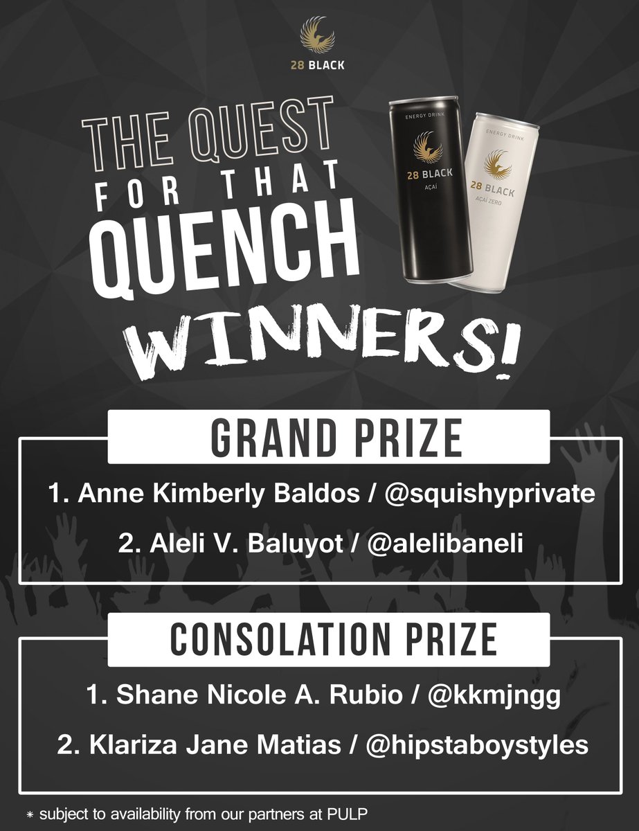 28Philippines's tweet photo. Congratulations to all of our lucky winners! Thank you to everyone who participated in 'The Quest for that Quench'! https://t.co/g6lS9A0U5o