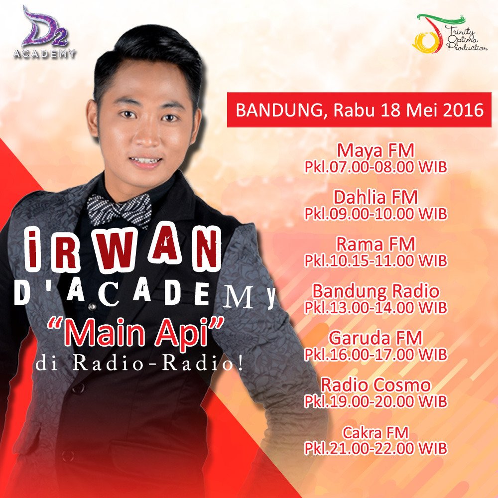 TrinityOptimaP's tweet photo. #TOPSCHEDULE Cek jadwal @DA2_Irwan promo single "Main Api" di radio Bandung hari ini yuk! #IrwanMainApiDiBandung https://t.co/JQHBgM3XiF