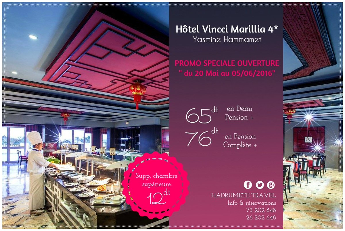 HadrumeteTravel's tweet photo. #Promotion #Ouverture #printemps2016
💝 Hôtel Vincci Marillia 4* / Yasmine Hammamet
Du 20/05 au 05/06/2016 inclus ⤵⤵ https://t.co/qHqr6bPr20