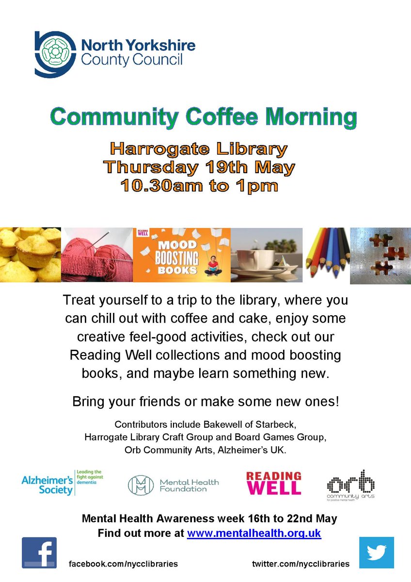 Harrogate Library invites you to a calming coffee morning tomorrow for #MentalHealthAwarenessWeek - all welcome!