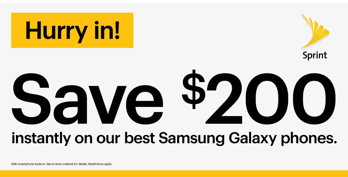 Sprint_West's tweet photo. $200 instantly when you trade your old device &amp; purchase a new Samsung smartphone. Come into #Sprint for details. https://t.co/tAu3asVBNw