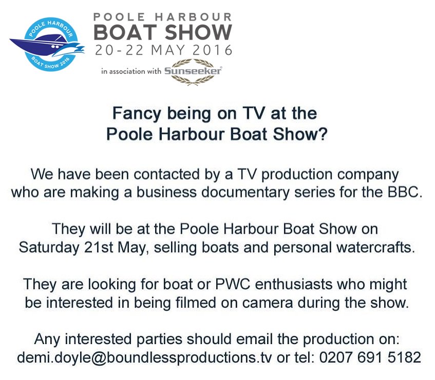 PooleBoatShow's tweet photo. Fancy being filmed for a #BBC business documentary this weekend at the Boat Show? https://t.co/kYTrnzhml6