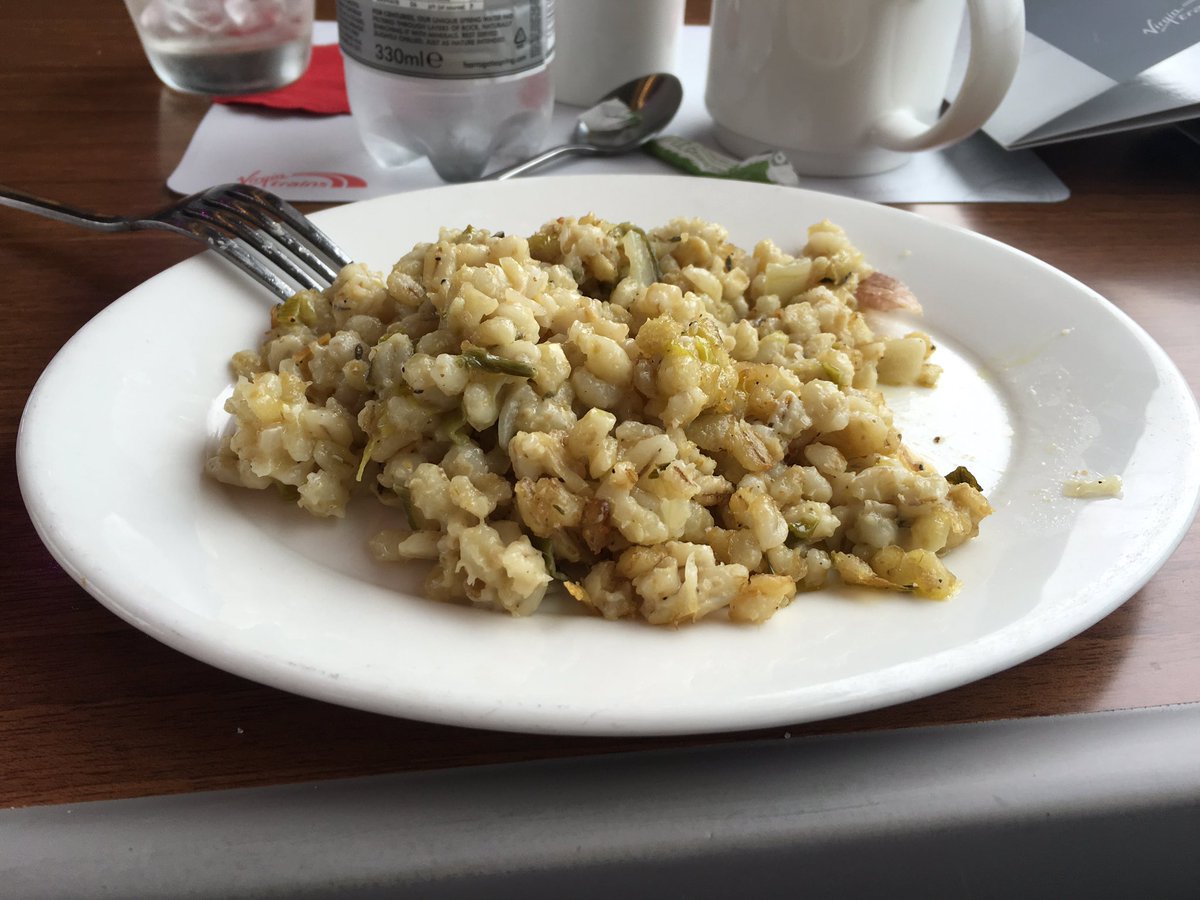 simontbarnes's tweet photo. @VirginTrains11:29 Stevenage/York served this,menu "creamy lemon leek&amp;barley risotto +basil oil".dry&amp;strange taste. https://t.co/hyxNjrK2sF