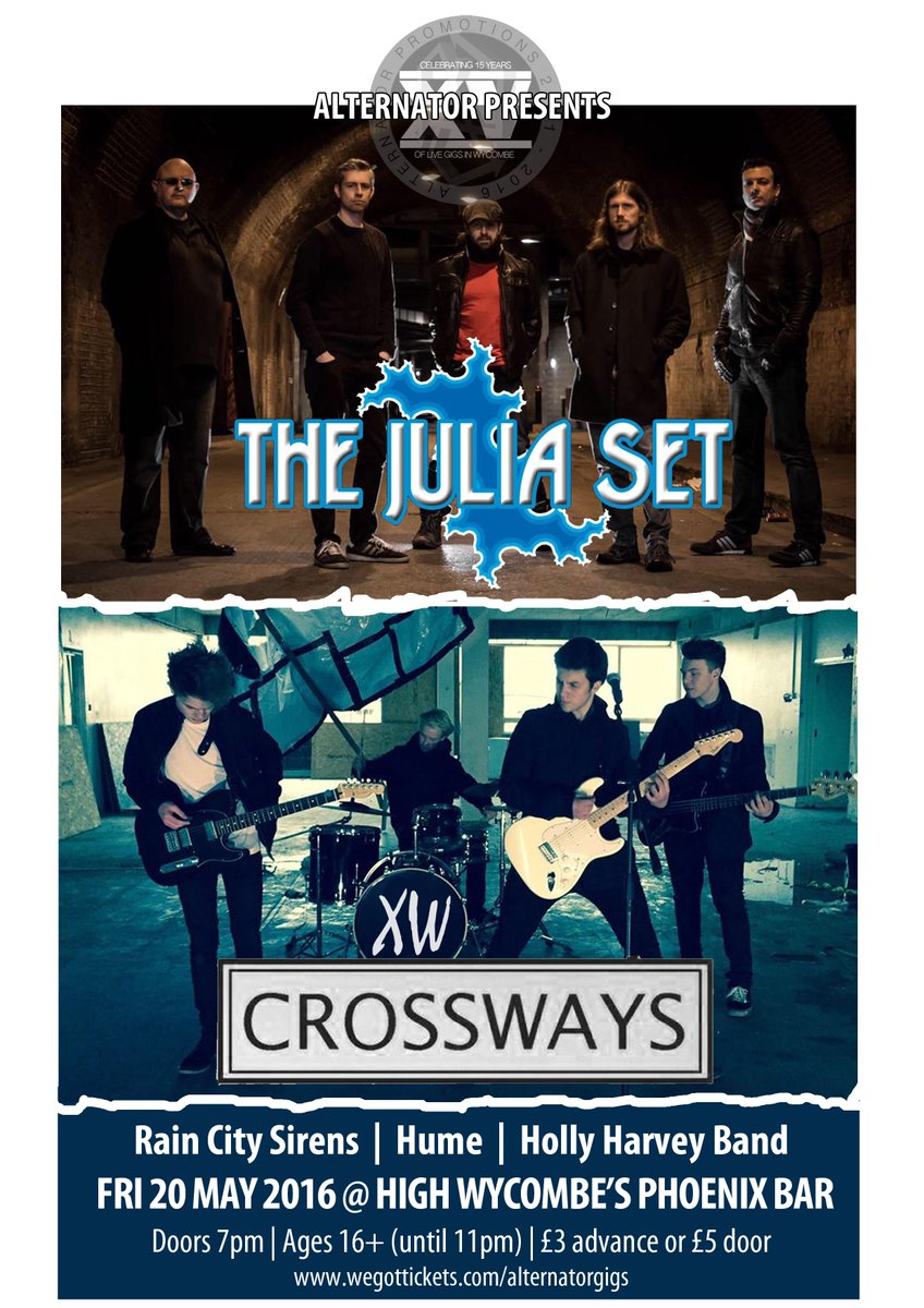 AlternatorGigs's tweet image. Early bird tix sold out. £4 tix now on sale @TheJuliaSet @CrosswaysBandUK @raincitysirens - wegottickets.com/alternatorgigs