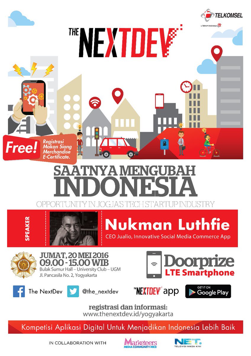 HarianTIcom's tweet photo. 20/5/16 09.00 Roadshow #NextDev 2016 Jogjakarta | UC UGM | FREE https://t.co/Jk9A0FwZZj w/ @nukman via @RezaWLX https://t.co/r63hl91dYt