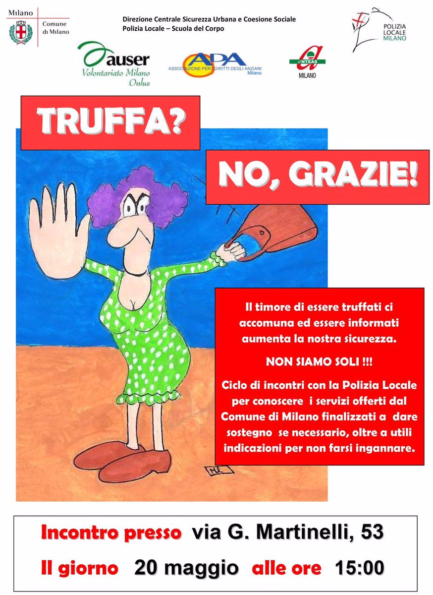 AuserMi's tweet photo. Auser Tre Castelli: Truffa? No Grazie. Incontro 20/5 ore 15.00  salone Via Martinelli,53- Mi. #Milano #auser #truffe https://t.co/51a7BczPvI