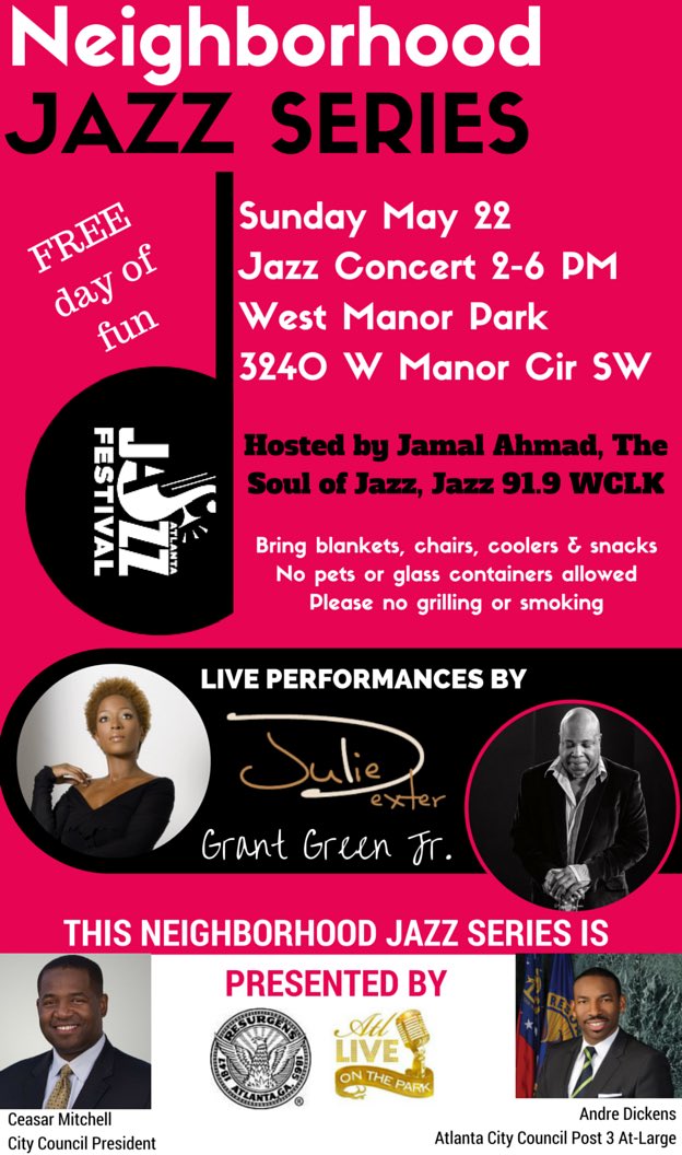 Join us for a FREE Jazz Concert at West Manor Park on May 22 from 2-6pm bit.ly/205I1p0 #AtlantaJazzFestival
