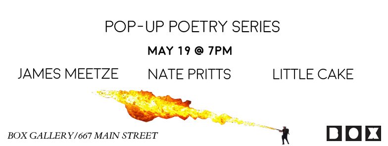 Tomorrow night in downtown Buffalo pop-up poems from <a href="/JamesMeetze/">James Meetze</a>, Nate Pritts, &amp; tunes from Little Cake. Come out!