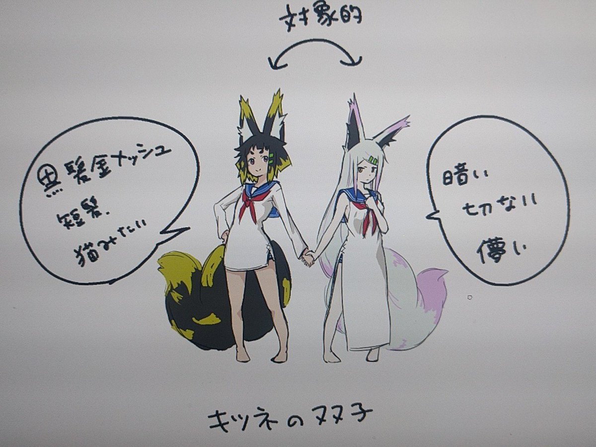 猫はもう描いてたから狐になったけどタグのやつやってみました。
アレンジして双子キャラにした。使えそう。

#フォロワーさんの好きな要素を詰め込んだ創作女子を描く 