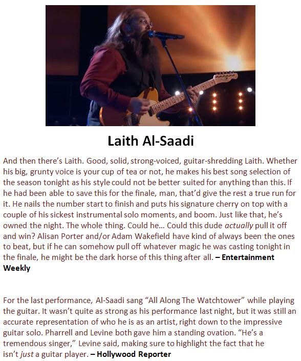 kmox29's tweet photo. Reviews for @LaithAlSaadi last night. Cheers to the man who crushed it on #TheVoice for #TeamAdam!! #LaithNation https://t.co/jsLeLLg0XR