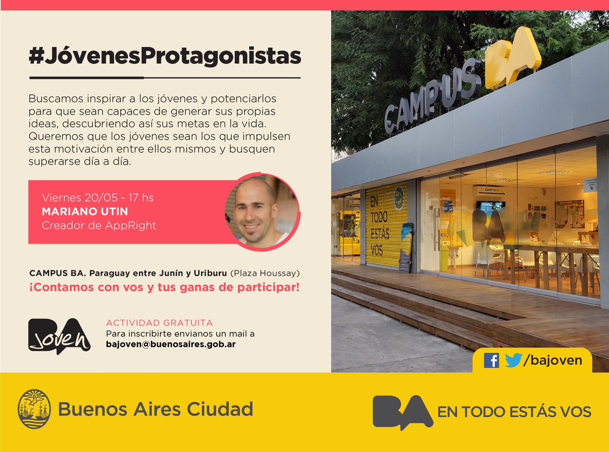 BAJoven's tweet photo. Este viernes 20/5 @NanoUtin nos contará sobre @AppRightme. Una plataforma mobile que el mismo creó ¡Te esperamos! https://t.co/2uXXxGOMt0