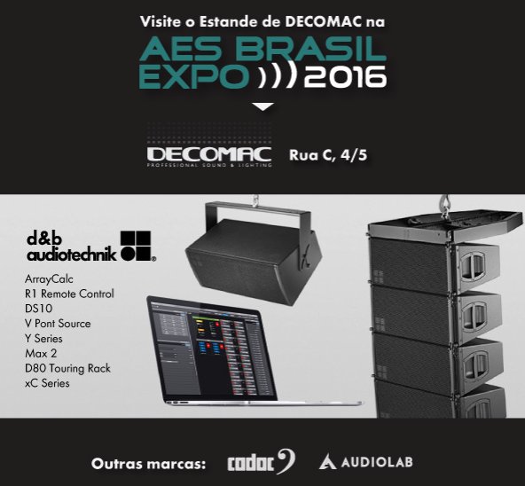 Decomacbrasil's tweet photo. Decomac na AES 2016, Congresso de Engenharia de Áudio. d&amp;b audiotechnik. Cadac e Audiolab. https://t.co/d6Ap1UapBy https://t.co/6p6JTicVps
