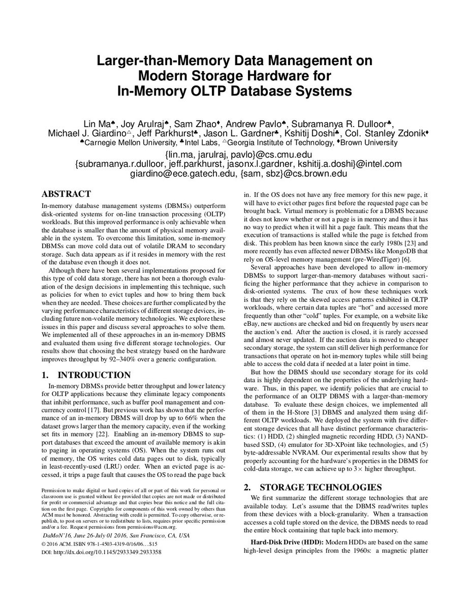 andy_pavlo's tweet photo. #SIGMOD16 Bonus DaMON'16 Paper: Larger-than-Memory Databases w/ 3D XPoint https://t.co/XjHSguyiQL /cc @ISTC_BigData https://t.co/cHCT3RmvTT