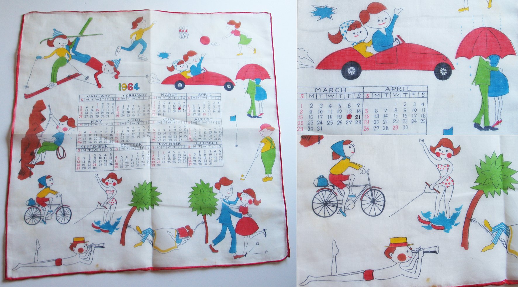 宇山あゆみ お誕生日の想い出 3月15日より先行販売スタート En Twitter 先日の骨董市にてpart ２ 1964年のカレンダーハンカチーフ オープンカーデート サイクリング 水上スキー ハンモックでお昼寝と 当時の若い カップルの憧れライフスタイルが可愛いイラストで