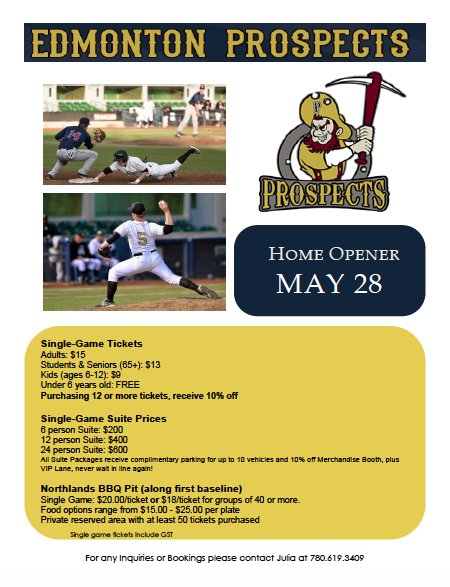 EdmRecLeague's tweet photo. Catch an @EdmProspects game this summer &amp; take advantage of team pricing. Great way to spend an evening with friends https://t.co/Ye4B54Ucb0