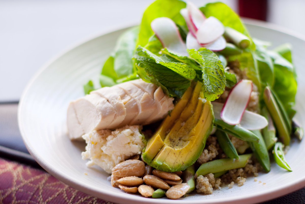 Quinoa salad with roasted chicken, avocado, almond &amp; mint. Served with garlic ranch dressing! #Salad #Lunch #Avocado