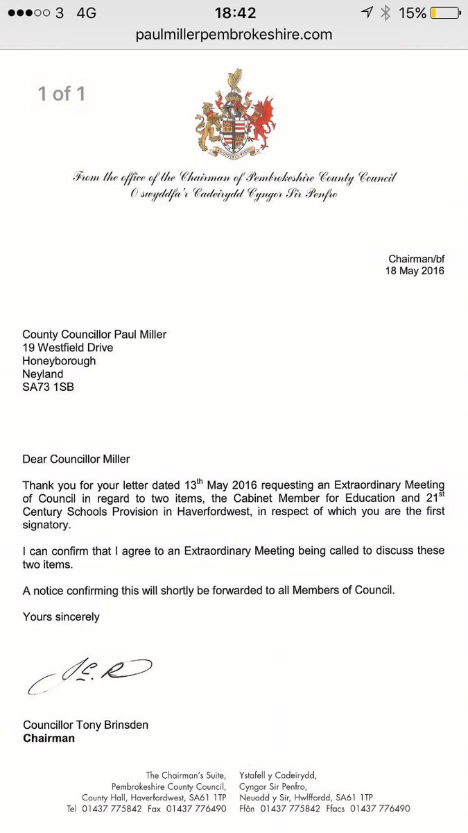 No date yet but special meeting request on the future of education in Pembrokeshire accepted....