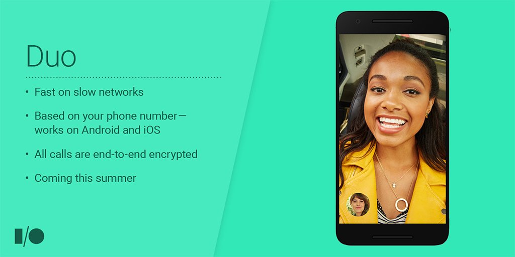 Google's tweet photo. Duo, the video companion to Allo, is a simple one-to-one video calling app for everyone. #io16 https://t.co/cj2ZZy54QQ