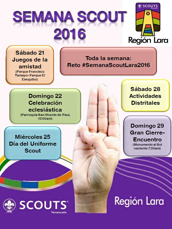 GUARITOS_SCOUTS's tweet photo. Organiza tu agenda y no te pierdas lo que trae la #SemanaScoutLara2016 para tí #EducacionParaLaVida #RegionLara https://t.co/jgE7OwvJ6H