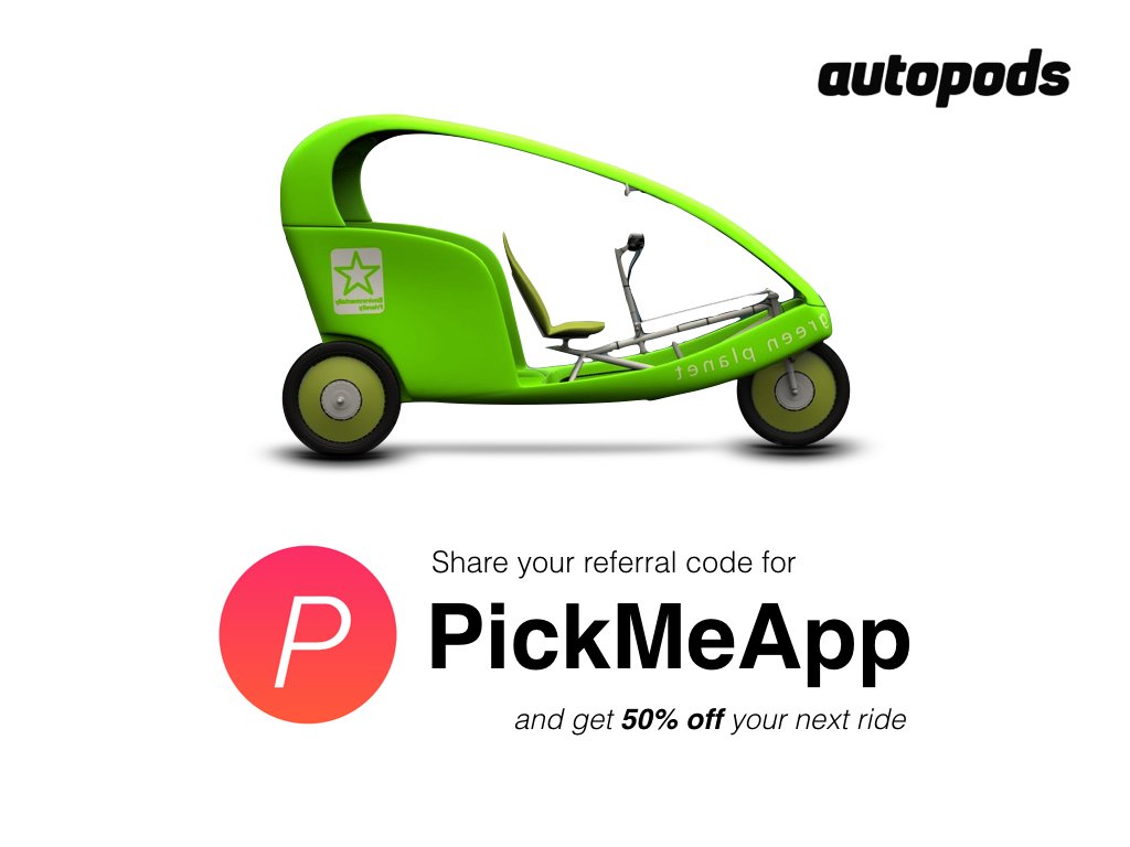 Autopods's tweet photo. Share your PickMeApp referral code with friends and both of you will get HALF OFF YOUR NEXT RIDE! #halfoffrides https://t.co/SjhgbZ3pjX