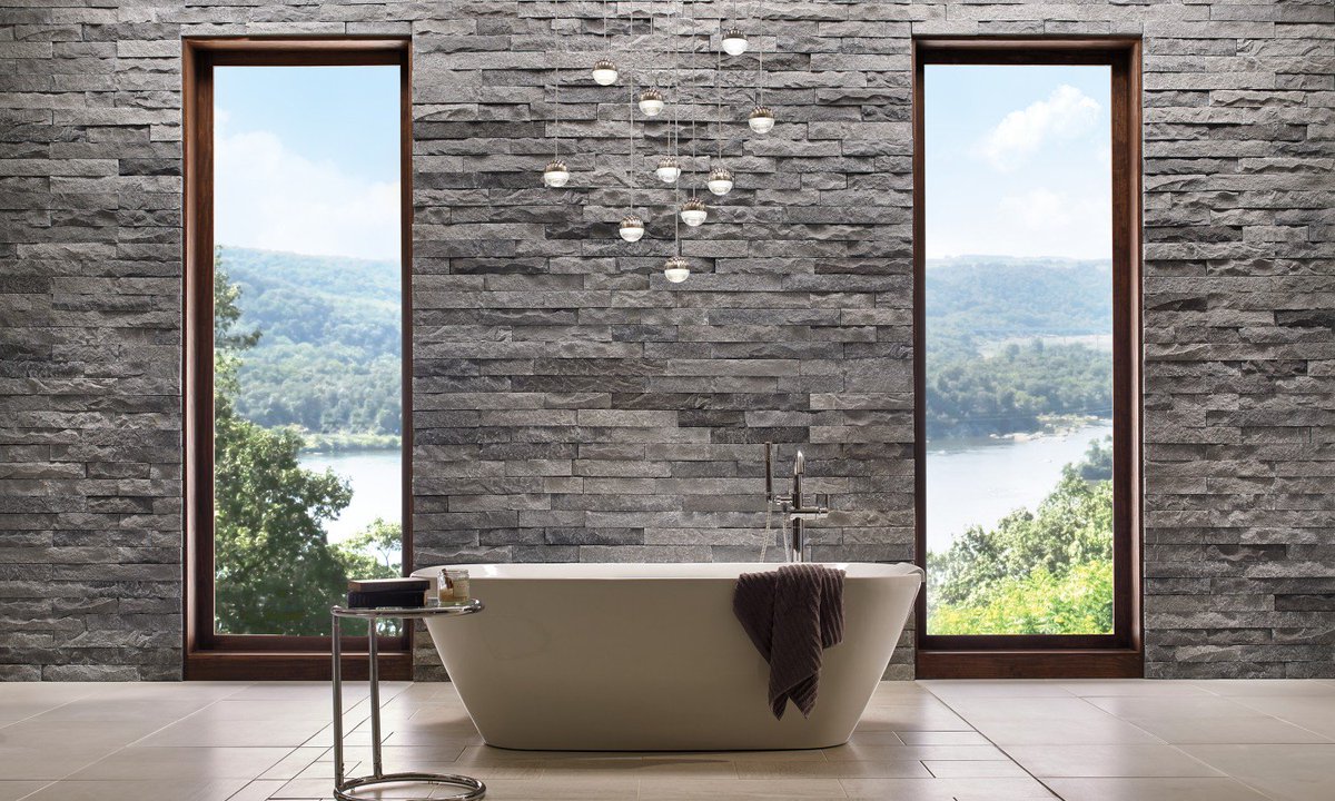 eldoradostone's tweet photo. A2. We love this open concept with our new Modern Collection stone veneer for a spa bath. #kbtribechat https://t.co/sp2Uid72K1